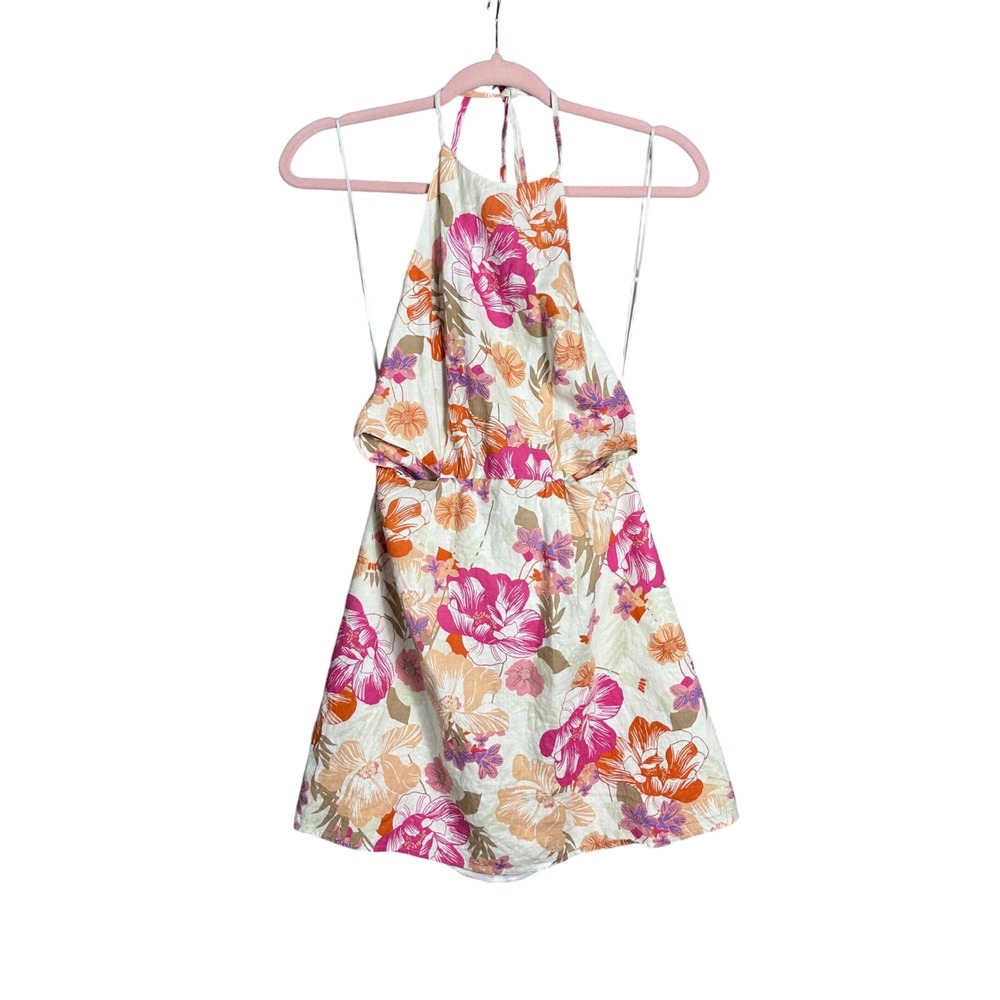 WAYF Floral Halter Top Pink Orange Linen Blend Open Back Tie Waist Small